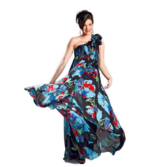 Aqua One Shoulder Chiffon Floral Ruffle Maxi Dress Size 2 NWT - Picture 3 of 13